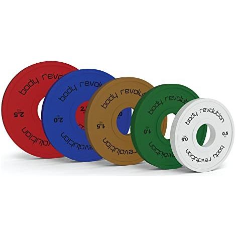 Juego completo de discos fraccionados olímpicos (pares de 0,5 a 2,5 kg), recubiertos de goma. Perfectos para progresión gradual en fuerza. Peso total: 15 kg.