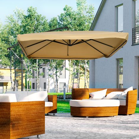 Ombrellone a braccio Outsunny con zanzariera, manovella e apertura di ventilazione, 295 cm x 295 cm x 260 cm, bianco + nero