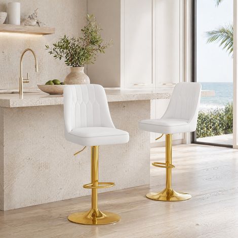 Lot de 2 tabourets de bar réglables, pivotants 360°, PU blanc et métal doré (1/5)
