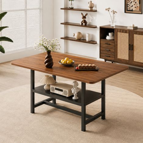 Table à manger rectangulaire style usine teinte noyer 160x90x76 cm 4-6 couverts, étagère rangement polyvalente pieds métal noir. Pour salon, cuisine, salle à manger (1/5)