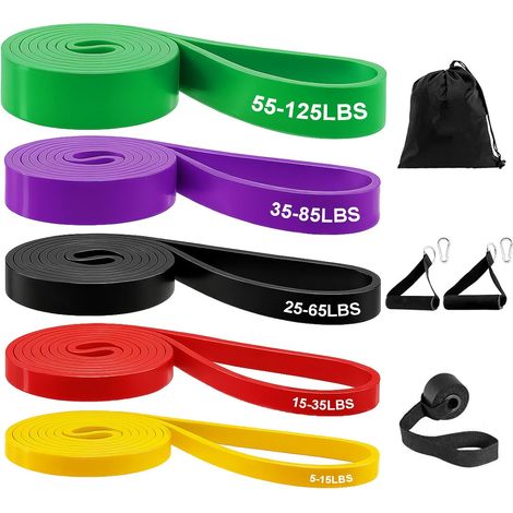 Widerstandsband-Set, 5 verschiedene Schwierigkeitsgrade, Fitnessbänder, mit Türanker, Griff und Tragetasche, ideal für Yoga, Pilates und Krafttraining.