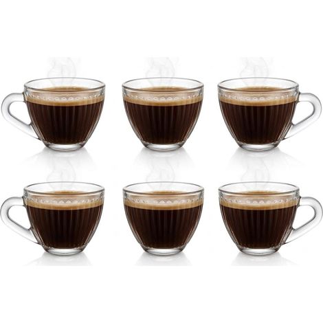 Set 6 Tazzine da Caffè in Vetro Trasparente 70 ml con Manico Design a Righe Verticali Senza Piattino Ideali per Espresso e Liquori Casa e Bar Professionali