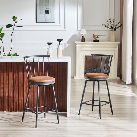 Tabouret de bar, Chaise haute pour îlot de cuisine et bar de style industriel vintage, En métal et tissu rembourré style Windsor hauteur 96cm, Marron (1/5)