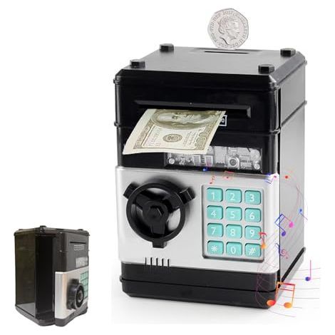 Tirelire électronique pour enfants - Tirelire musicale avec distributeur automatique de billets, coffre-fort à pièces avec verrouillage par code et distributeur automatique d'argent, cadeau d'annivers (1/5)