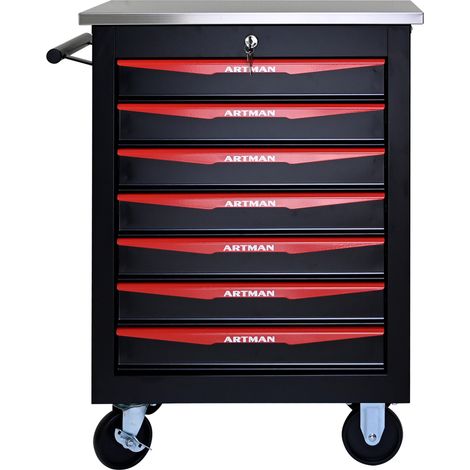 Carrello portautensili a 7 cassetti con ruote in acciaio, piano inox, nero rosso MODENUIT (1/5)