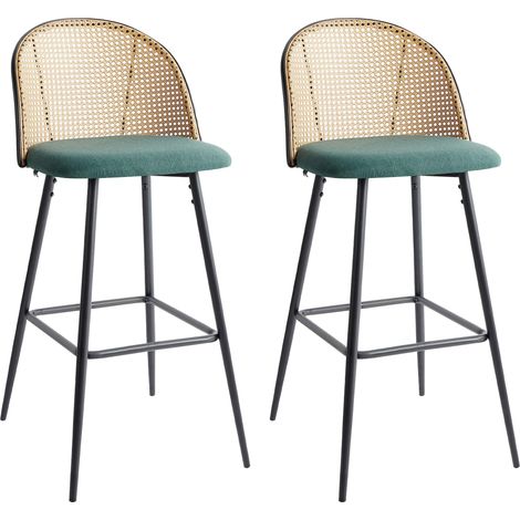 Conjunto de 2 sillas de bar retro asiento de tela estructura metálica negra respaldo de trenza vienesa verde Cornell