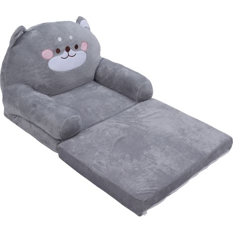 Canapé enfant pliable en forme de chien gris, avec large poignée, doux et respirant, idéal pour la lecture et la détente dans la chambre à coucher (2 niveaux). (1/5)