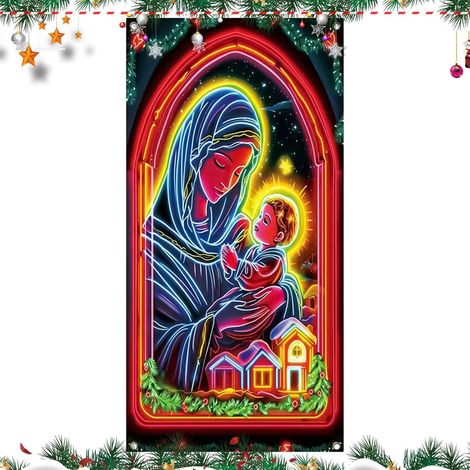 Housse de Porte pour Noël Grande Couverture de Festive Lumineuse 89x180cm Décoration De Fêtes Avec Support Pour Toile De Pour Intérieur, Extérieur, Maison, Fête, Ferme, Porche, Nouvel An (1/5)
