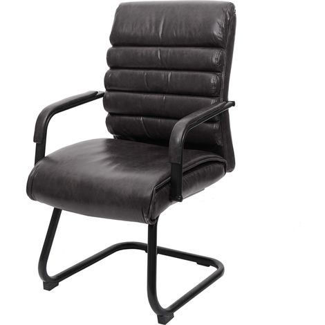 Fauteuil de bureau sans roulettes chaise de conférence vintage aspect daim PVC noir et métal 040006245