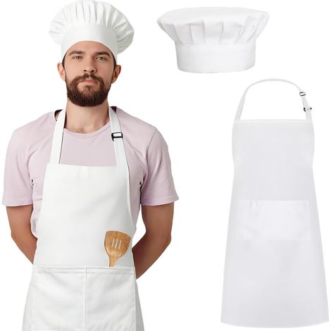Tablier de cuisine adulte blanc réglable imperméable avec 2 poches + toque de chef élastique, usage barbecue