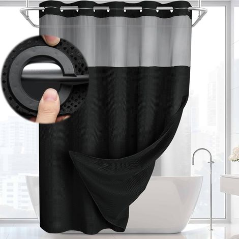 Rideau de douche sans crochets, motif gaufré noir, style minimaliste, 220 cm de large x 180 cm de long. (1/5)