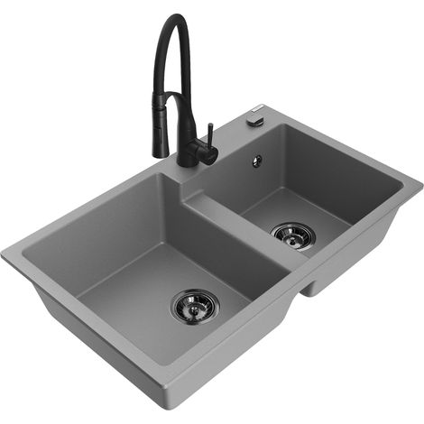 Mexen Tomas évier en granit à 2 bacs avec robinet Aster, gris - 6516-71-73450-70-B (1/5)