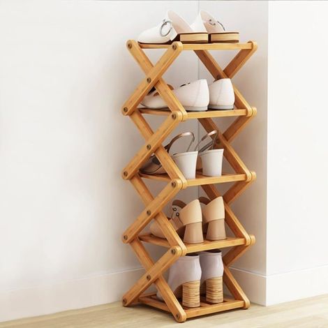Étagère à Chaussures Pliable en Bambou, Meuble Rangement Chaussures Bois 5 Niveaux, Range Chaussures Vertical Économiseur d'Espace (1/5)