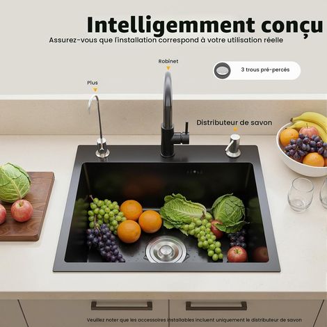 Évier de cuisine en acier inoxydable - 1 bac encastrable - 50 x 45 cm - En acier inoxydable brossé - Avec panier d'égouttement, distributeur de savon et kit de tuyaux d'évacuation (1/5)