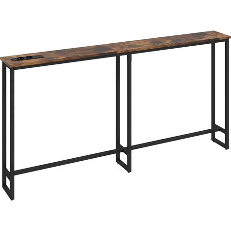 Table console étroite style industriel avec prises électriques et USB, pour salon, entrée, couloir, 160x20x80cm, marron (1/5)