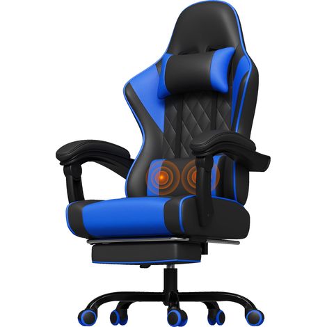 Chaise Gaming Ergonomique, Chaise de Bureau avec Fonction Massage, Fauteuil Gaming avec Repose-Pieds, 150 kg, Bleu Mat (1/5)