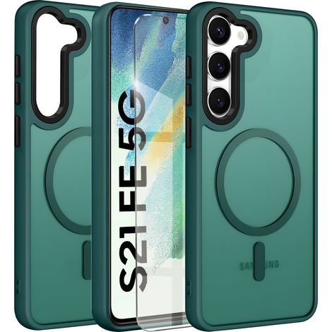 Coque pour Samsung Galaxy S21 FE, compatible MagSafe, finition mate, verte + verre trempé (1/5)