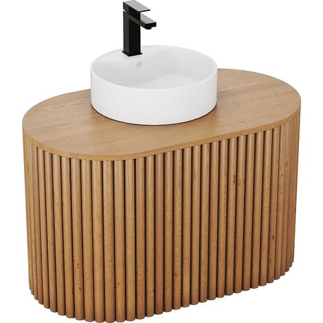 Meuble de salle de bain suspendu en teck avec vasque ronde - 90 cm - TOWARI (1/5)