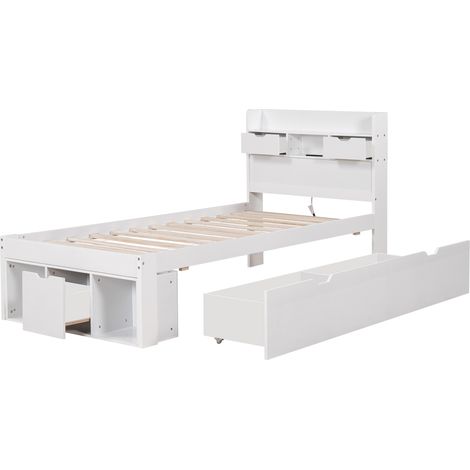 Lit simple 90200cm, avec port USB, tiroirs et armoire de rangement, lit pour enfant, lit pour adolescent, lit multifonction, grand espace de rangement, sans matelas, blanc (1/5)