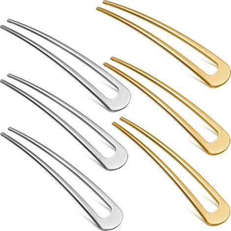Juego de 6 horquillas metálicas sencillas en forma de U, horquillas francesas de dos puntas para moños para mujeres y niñas, accesorios para el cabello, oro y plata. (1/4)