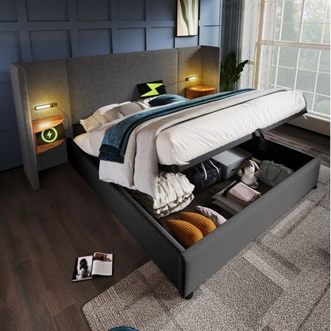 Cama tapizada 180/200 cm gris de lino con almacenaje hidráulico, estante, luz de lectura y USB-C (1/5)