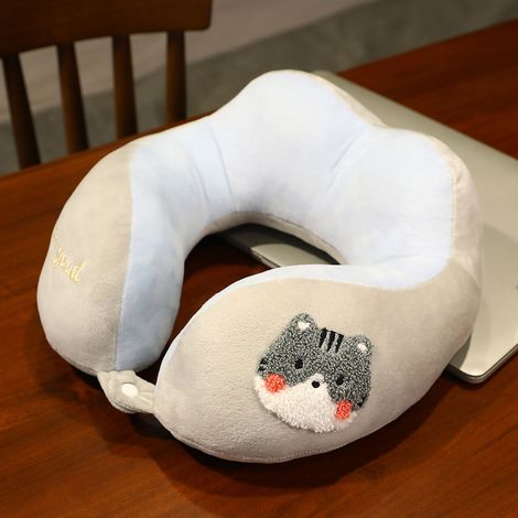 Oreiller cervical en forme de U, style mignon, en coton PP peluche élastique, portable, pour les voyages, la maison et le bureau, motif chat, 30 x 30 cm-AquaForge