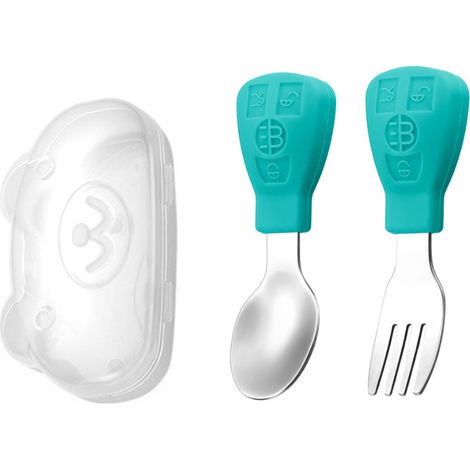Ensemble d'ustensiles pour bébé (cuillère et fourchette) pour apprendre à manger, vert.