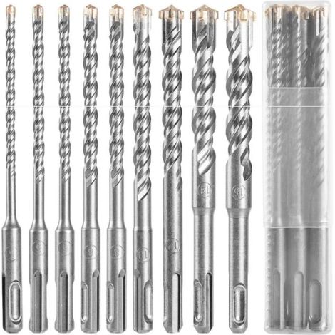 Foret béton SDS , 9pcs foret carrelage, foret Coffret de mèches et burins pour un perforateur , Forets Transversaux Pour Béton, Brique, Pierre, Naturelle, Métal (1/4)