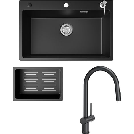 Fregadero de cocina fregadero de granito negro antracita 70x45cm con dosificador de jabón + grifo de cocina extensible negro con 2 tipos de chorro alto 425MM
