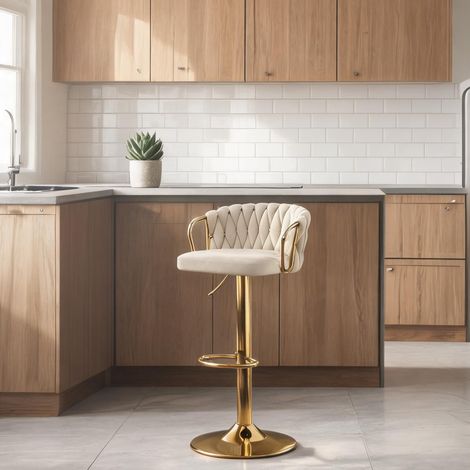 Tabouret de bar velours crème réglable pied métal 360° (1/5)