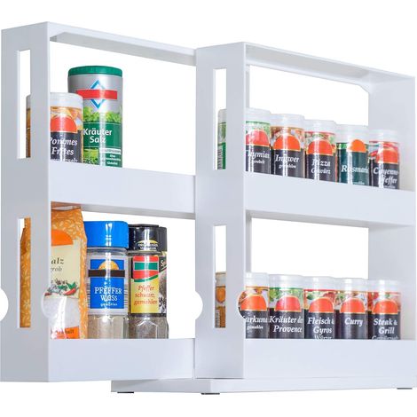 étagère à épices Extensible en plastique I 2 tiroirs pivotables I Petit meuble de rangement I Accessoire pour la Cuisine et Salle de Bain I Blanc