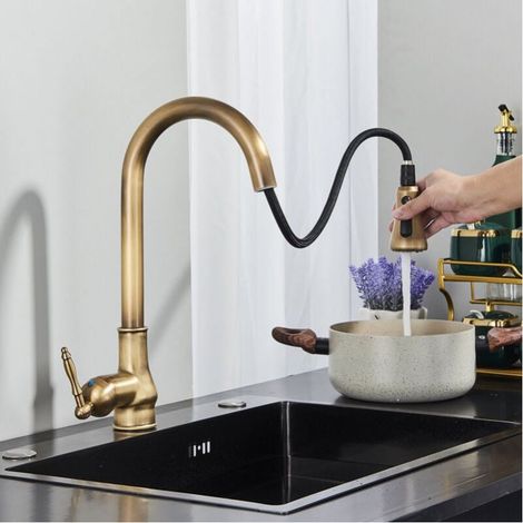 Robinet de cuisine rétro extractible, évier en laiton et acier inoxydable 304, robinet de cuisine extractible à 3 fonctions. (1/4)