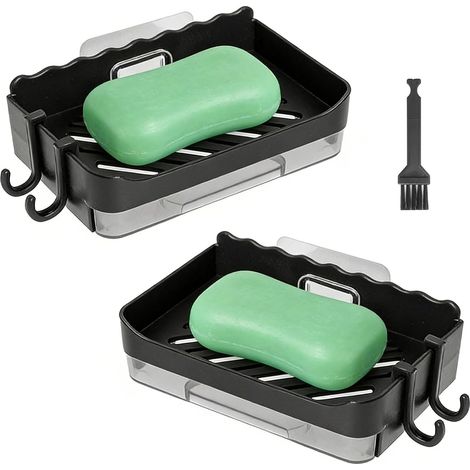 Porte-Savon Mural sans perçage lot 2 pièces Noir - Porte-Savon adhésif avec Drainage, Fixation Murale avec Crochets, Charge Jusqu’à 10 kg pour Salle de Bain, Douche et Cuisine (1/5)