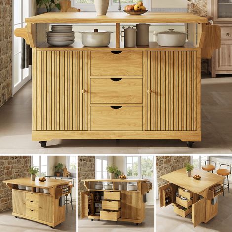 Desserte de cuisine avec rallonges de table rabattables, hauteur ergonomique de 95 cm, avec tiroirs, table de cuisine mobile et plan de travail, roulettes verrouillables, marron naturel (1/5)