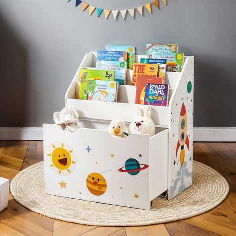 Bibliothèque pour enfants à 3 compartiments, étagère à jouets, coffre amovible avec roulettes, polyvalent, blanc