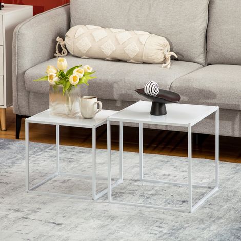 Table basse gigogne 40x40x40 cm en métal blanc, modulable, pour salon, lot de 2 FloraGrace (1/5)