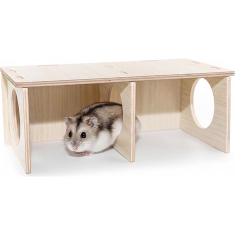 Tunnel et cachette en bois pour hamster avec 2 compartiments plateforme résistante à l'eau pour hamsters nains et petits animaux 21 x 10,8 x 8 cm. (1/5)