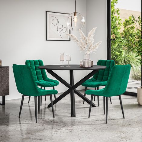 Malvern Round Dining Table And Chairs -  Black Table Top w Solid Black Oak Legs + Nova Velvet Dining Chair Set Of 4 (Green) (1/5)