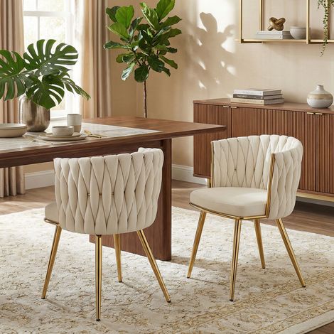 Lot de 2 fauteuils de cuisine, chaises de salle à manger capitonnées en velours crème, dossier cannage tressé, avec accoudoirs, pour salon ou espace repas. (1/5)