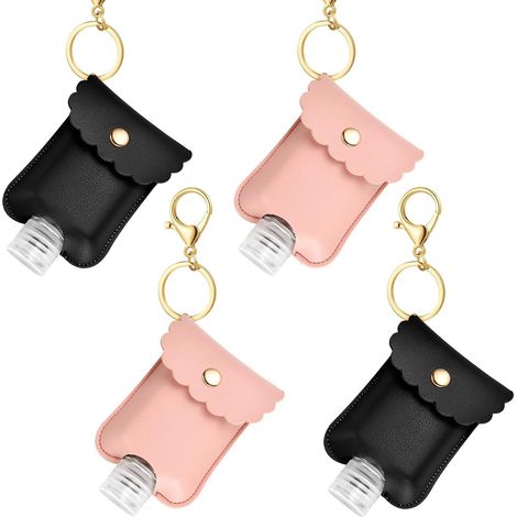 4pcs Boîteille de Voyage en Plastique étanche avec Porte-clés en Cuir pour Désinfectant pour Les Mains, Huile Essentielle, Transparentes lmperméables Contenants Portables (Rose+Noir)-Fei Yu (1/5)