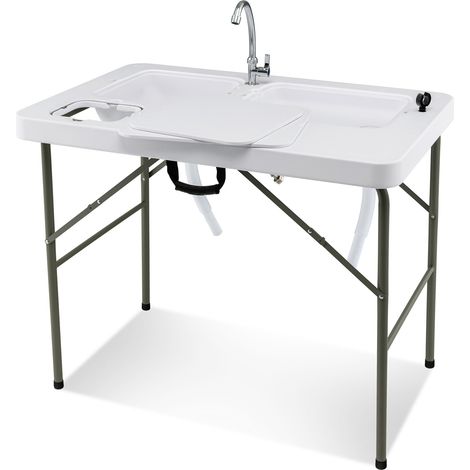 Table blanche de nettoyage du poisson avec 2 bacs, robinet pivotant à 360 et pieds pliables pour jardin (1/5)