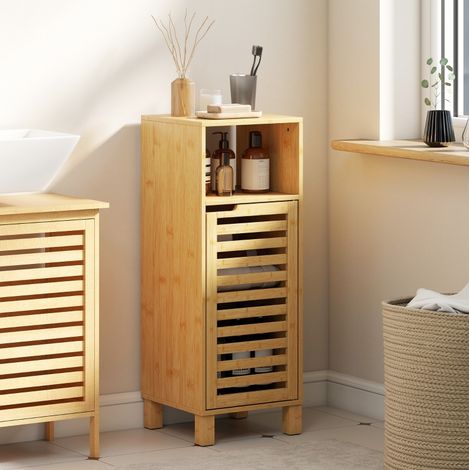 Mobile bagno in bambù color legno naturale 30 cm con anta a lamelle e ripiano aperto (1/4)