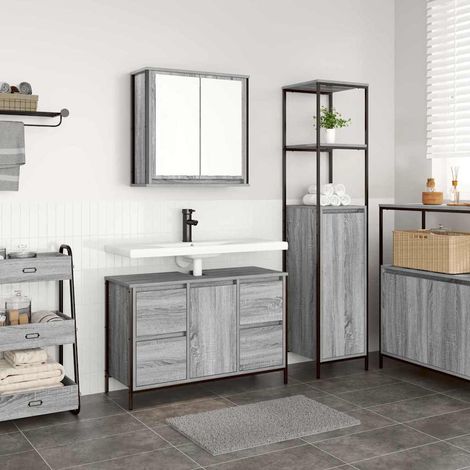 Badezimmermöbel Set mit Regal 2 pcs Grau Sonoma und Schwarz