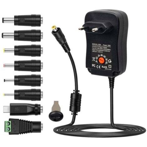 Adaptateur d'alimentation universel AC vers DC 30W avec port USB 5V 2,1A, chargeur d'alimentation enfichable AC Tension de sortie réglable 3V à 12V avec 8 adaptateurs DC pour l'électronique domest