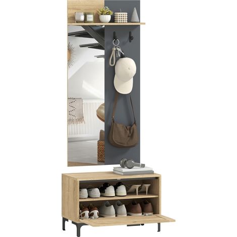Garderobenset für Eingangsbereich, Schuhbank, Spiegel, 3 Haken, Offenes Regal, Flurmöbel, Naturholz+Grau (1/5)