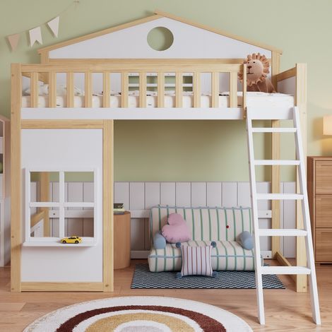 Letto a soppalco 90x200 cm con scala, protezione anticaduta e barriere, letto per bambini con tetto e finestre, rete a doghe - Bianco + Naturale (1/5)
