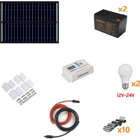 Kit Îlot Photovoltaïque 50W Kit Avec Panneau Solaire, Contrôleur De Charge, Ampoules Et Accessoires D'Installation (1/2)