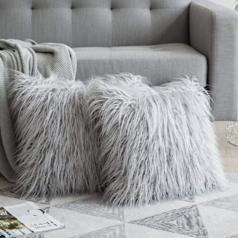 BUNTHAUS Lot de 2 housses de coussin en fausse fourrure, gris clair, 40x40 cm, super douces, décoratives pour canapé, salon, chambre.