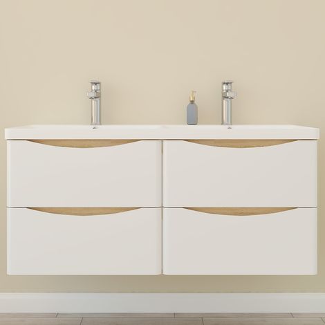 Aica Meuble de Salle de Bain suspendu Brillant 120 cm avec vasque + 4 tiroirs, Blanc et Chêne