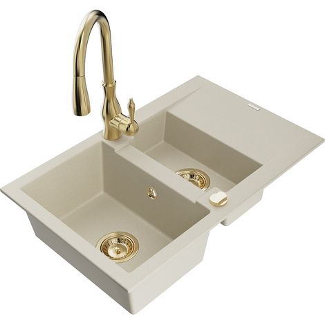 Mexen Gaspar évier en granit 1,5 bac avec égouttoir et robinet de cuisine Savita, beige - 6507-69-672601-50 (1/5)